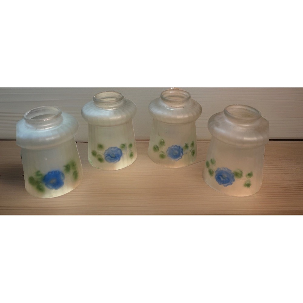 Set 4 Antique Glass Shade Chandelier Sconce‎ Ceiling Reverse Painted blue floral